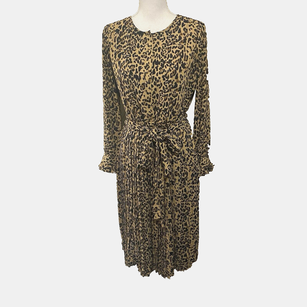 J Crew Leopard Carly Dress Womens Sz 6 Pleated Ruffles Midi Lined Belt Classy